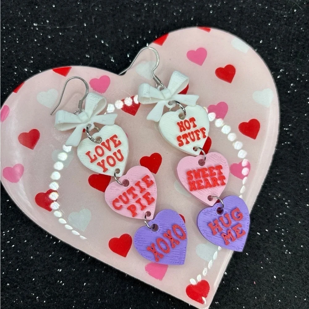 Conversation Heart Dangle Earrings with White Bows